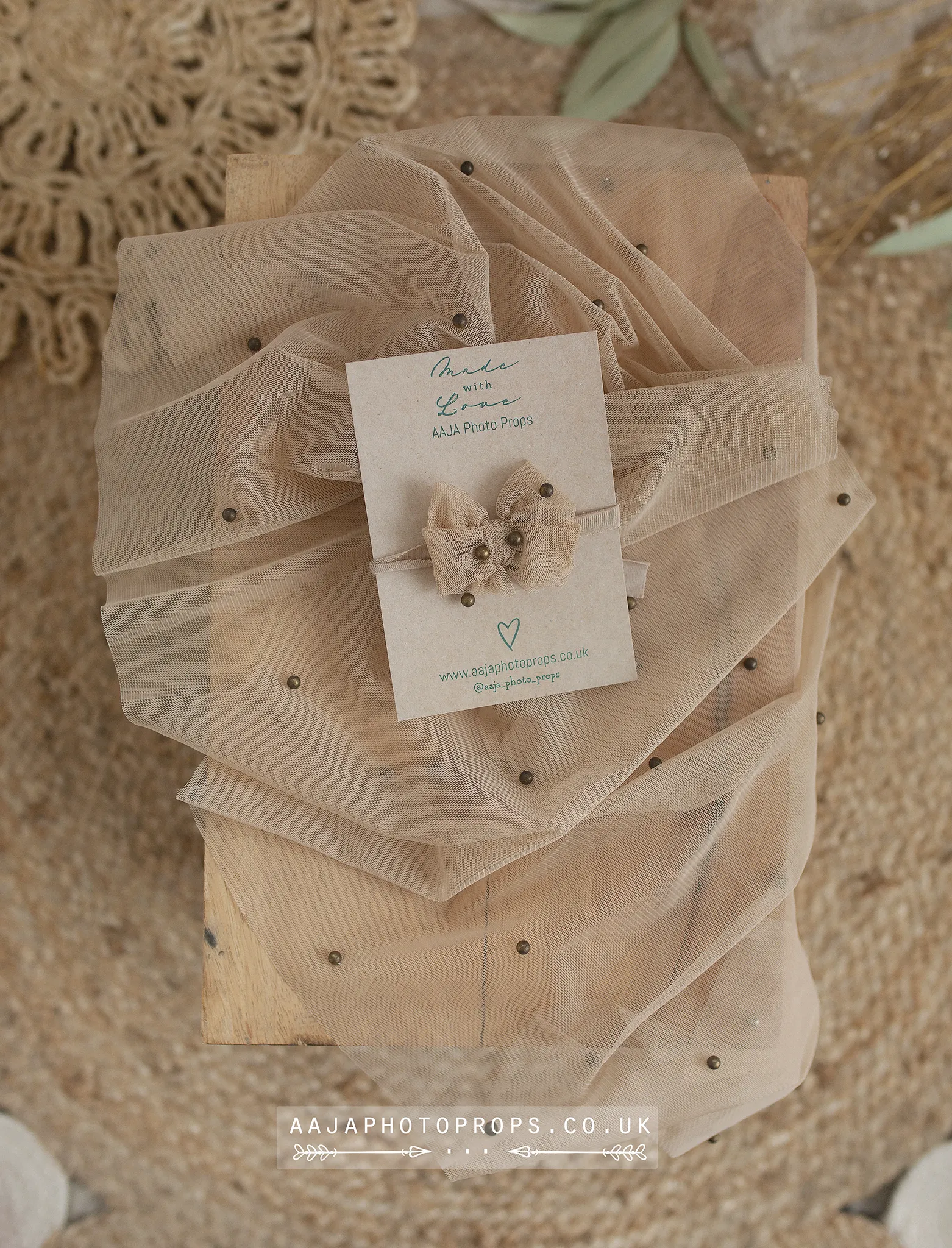 Baby newborn beaded layer and bow tieback, beige, RTS