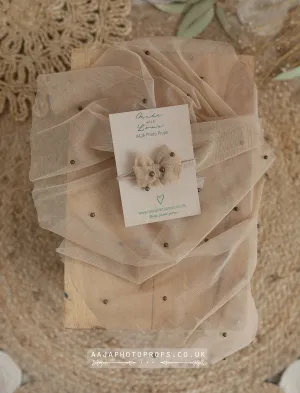 Baby newborn beaded layer and bow tieback, beige, RTS