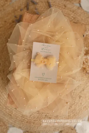 Beaded layer and bow tieback, pastel butter yellow, RTS