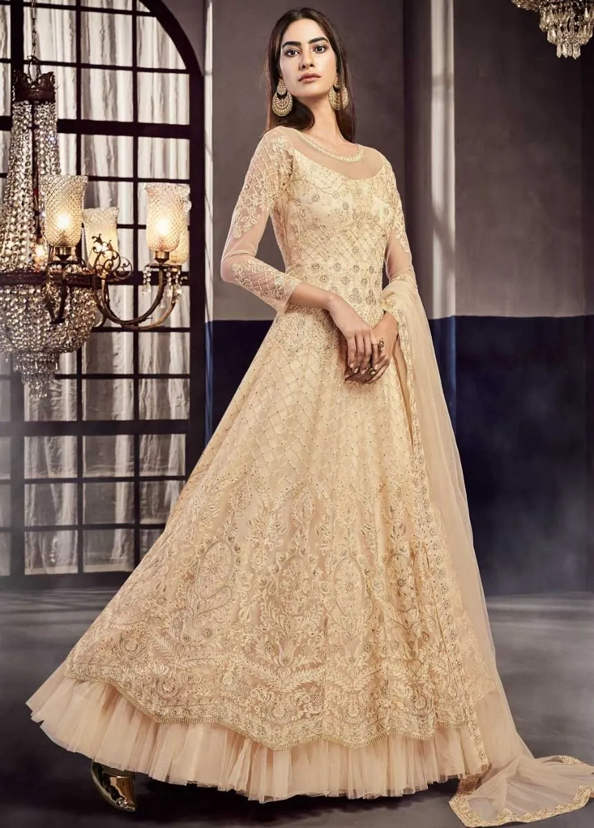 Beige Golden Embroidered Anarkali Gown Suit