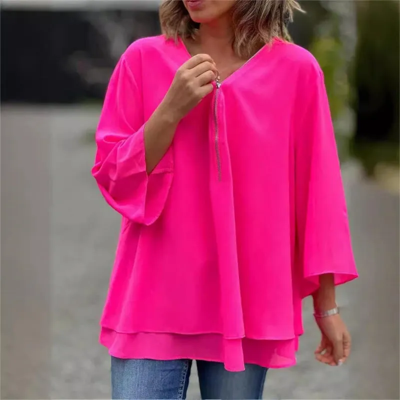 Double-Layer V-neck Zipper 3/4 Sleeves Trendy Tops