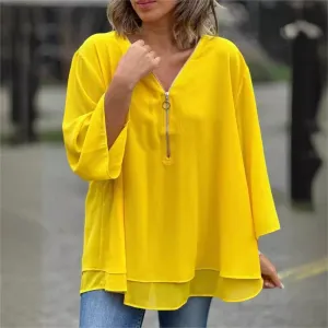 Double-Layer V-neck Zipper 3/4 Sleeves Trendy Tops
