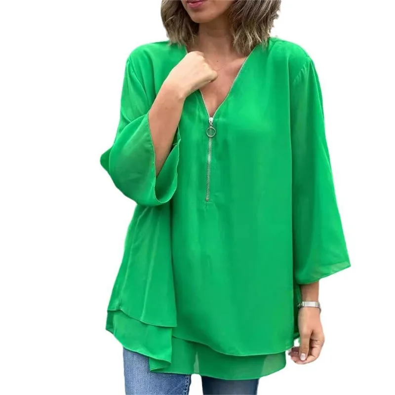 Double-Layer V-neck Zipper 3/4 Sleeves Trendy Tops