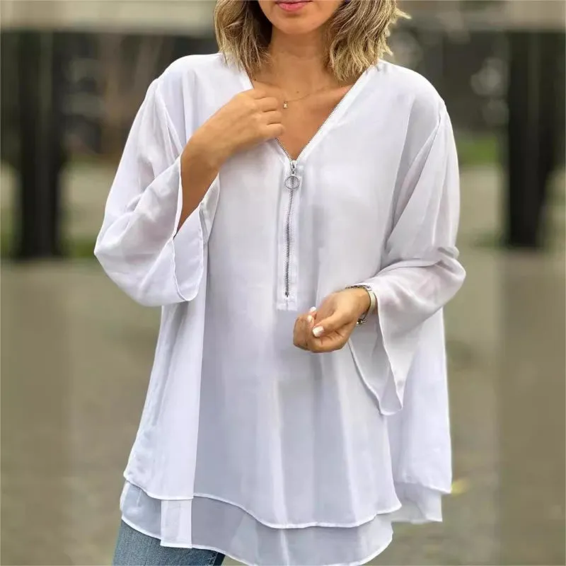 Double-Layer V-neck Zipper 3/4 Sleeves Trendy Tops