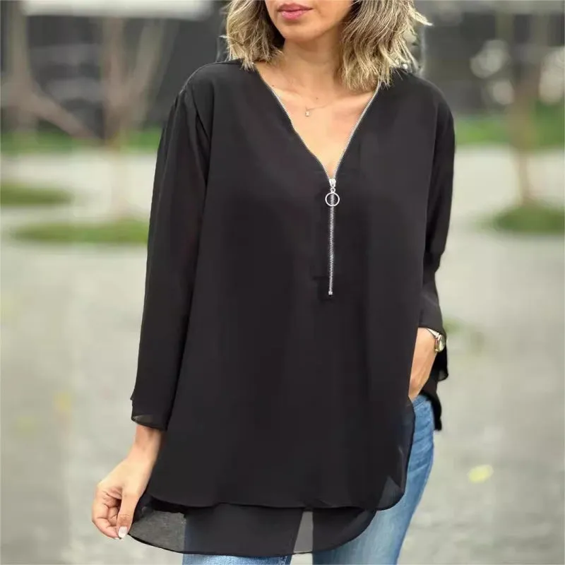 Double-Layer V-neck Zipper 3/4 Sleeves Trendy Tops