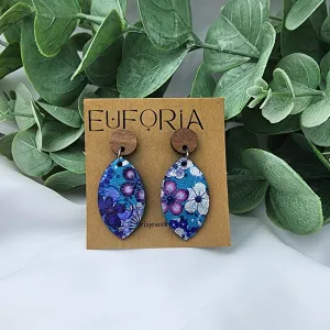 Small Marquis Leather Earrings - Purple & Silver Floral Over Blue