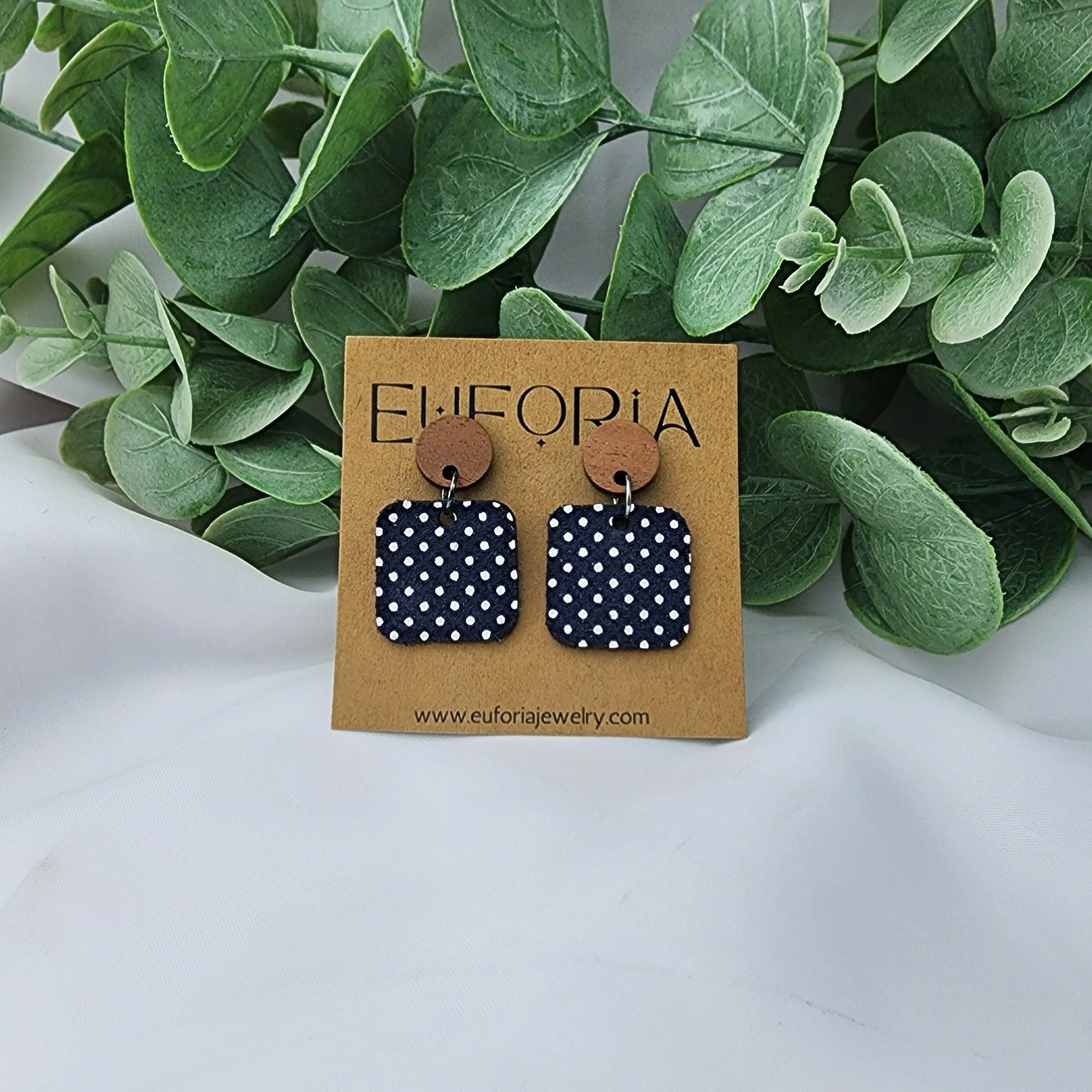 Small Square Leather Earrings - Tiny White Polka Dots Over Navy