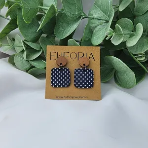 Small Square Leather Earrings - Tiny White Polka Dots Over Navy