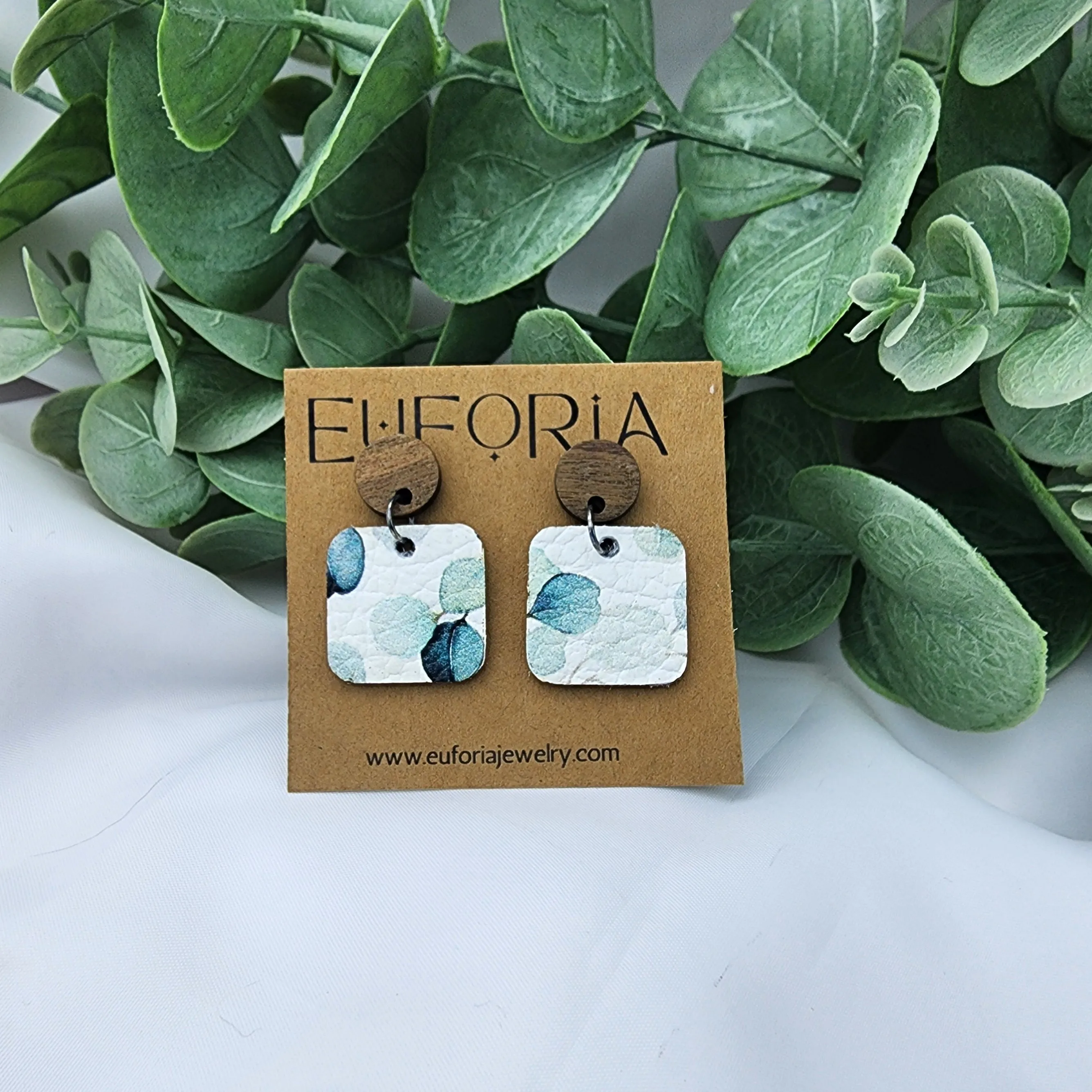 Small Square Leather Earrings - Water Color Leaves Over White