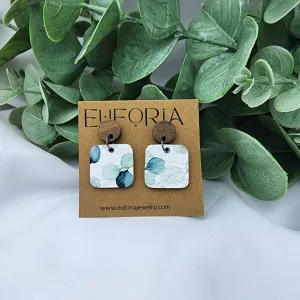 Small Square Leather Earrings - Water Color Leaves Over White