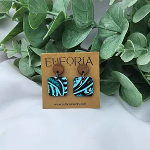 Small Square Leather Earrings - Western Tooled Aqua and Black